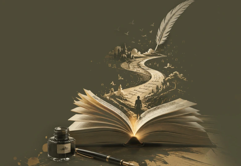 An open book unfolds into a winding story beneath a feather quill